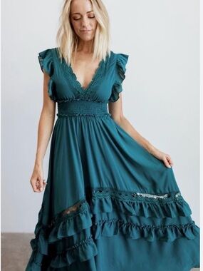 Teal Ruffle Maxi Dress with Lace Trim